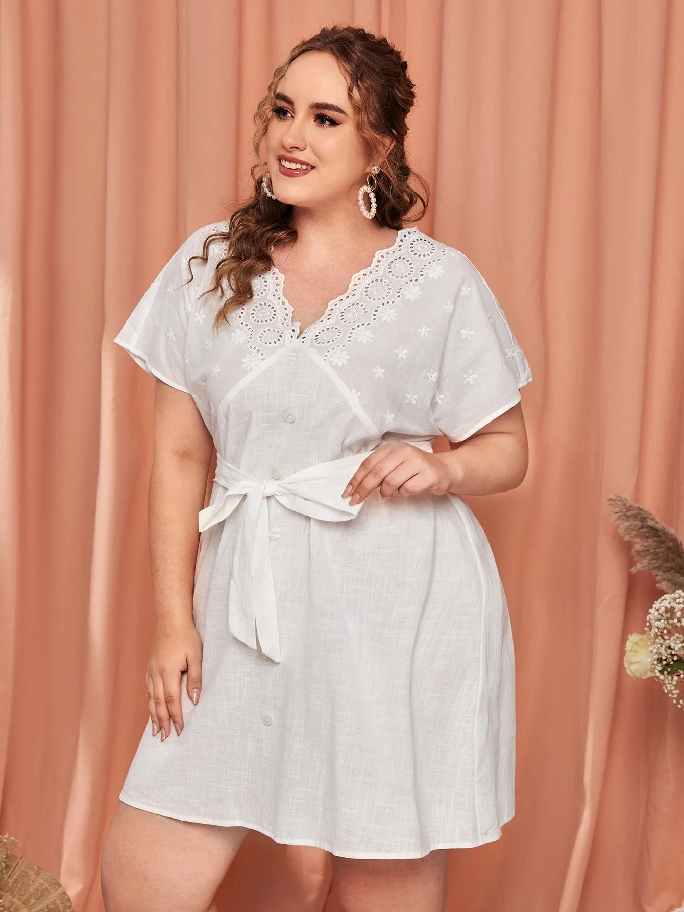 Boho Plain Eyelet Embroidery Short Sleeve V Neck Straight High Waist Short Plus Size Dress