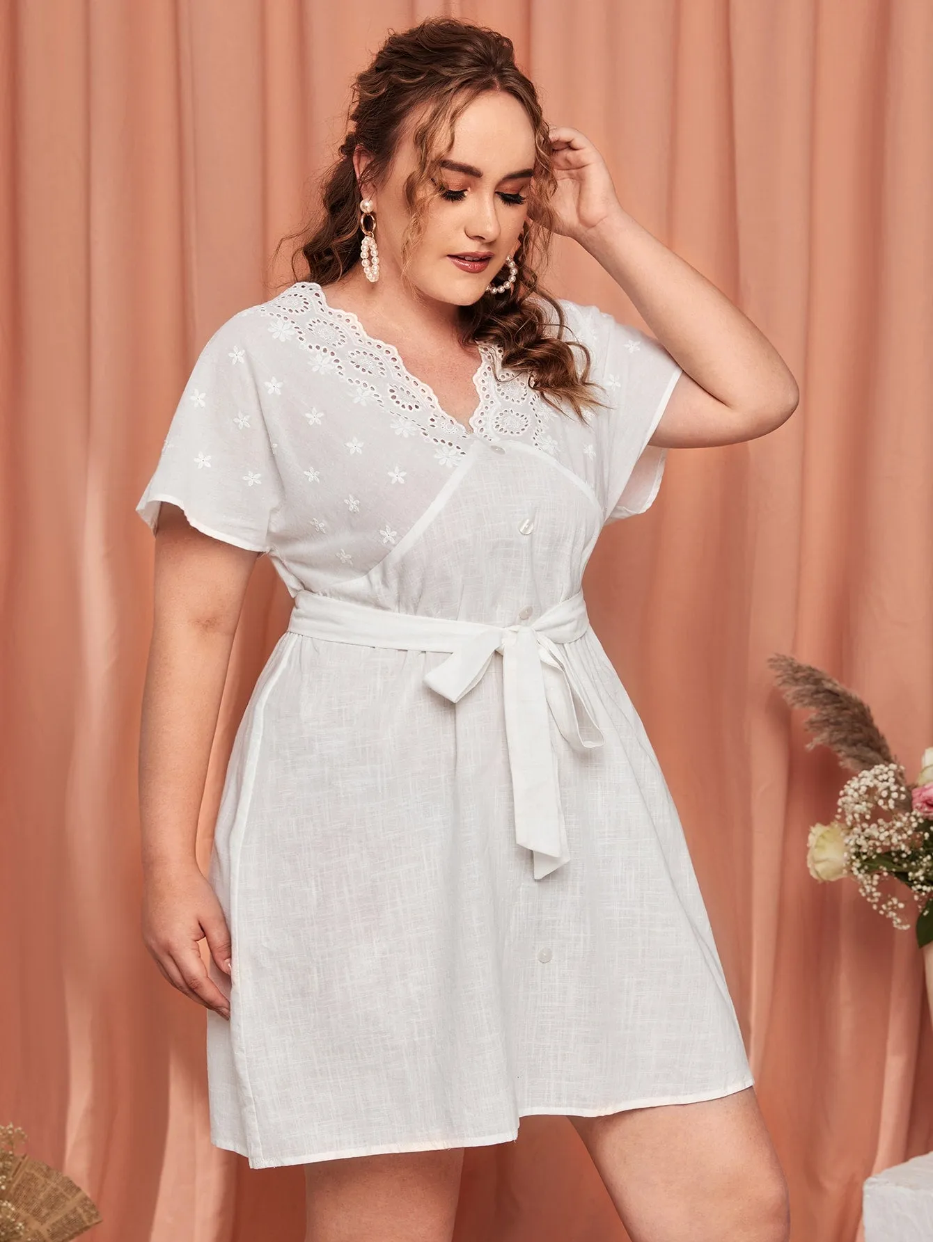 Boho Plain Eyelet Embroidery Short Sleeve V Neck Straight High Waist Short Plus Size Dress