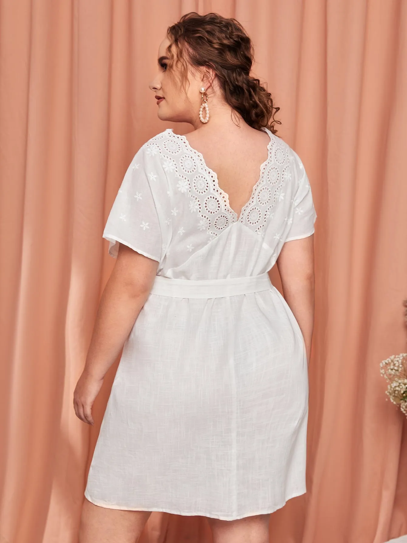Boho Plain Eyelet Embroidery Short Sleeve V Neck Straight High Waist Short Plus Size Dress