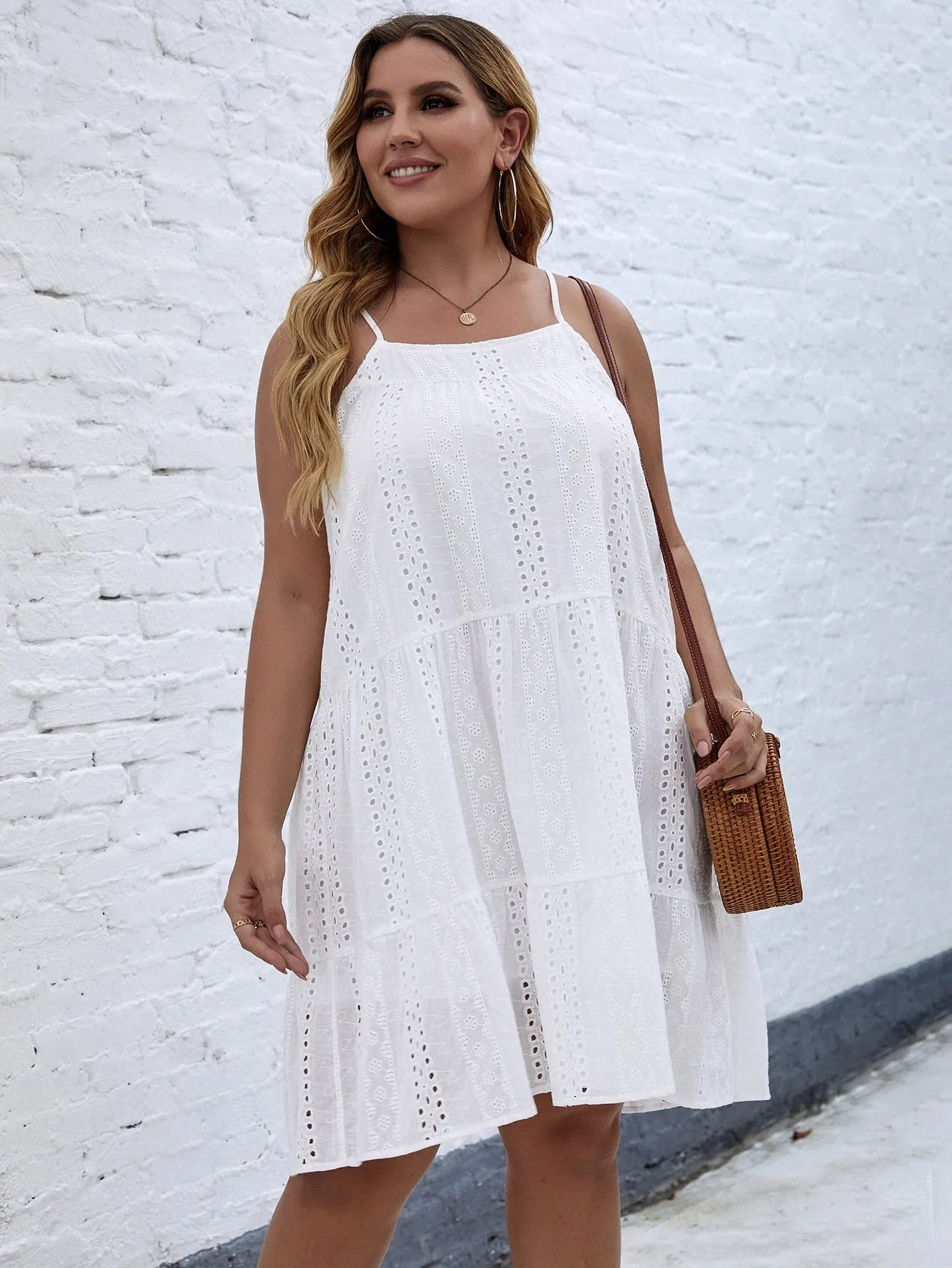 Boho Plain Eyelet Embroidery Sleeveless Spaghetti Strap Flounce High Waist Short Plus Size Dress