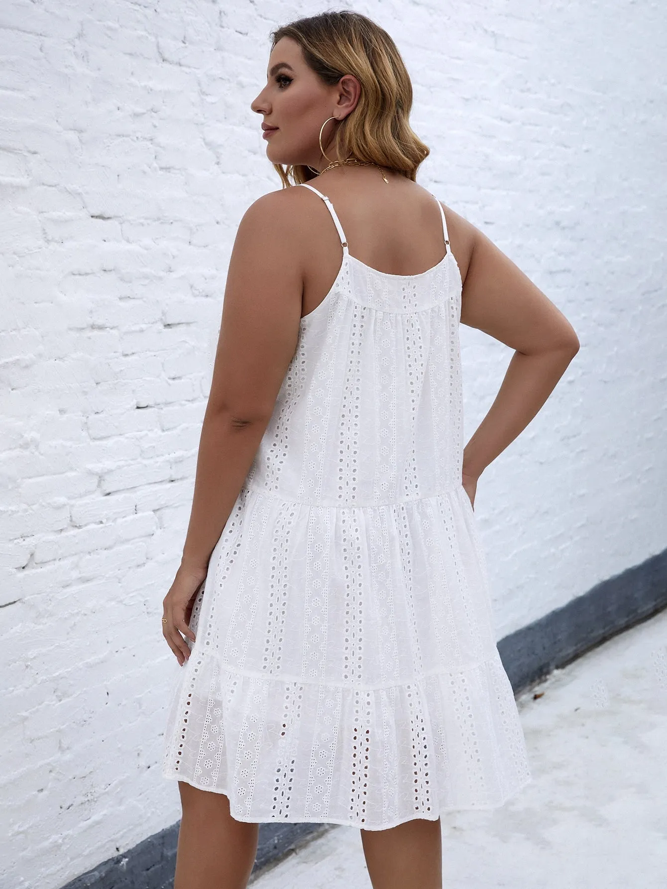 Boho Plain Eyelet Embroidery Sleeveless Spaghetti Strap Flounce High Waist Short Plus Size Dress