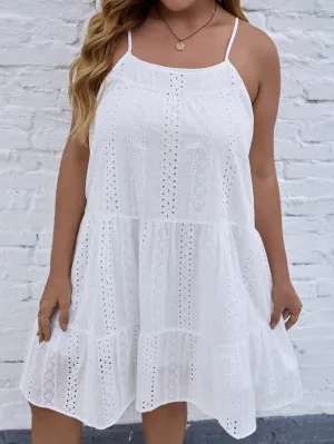 Boho Plain Eyelet Embroidery Sleeveless Spaghetti Strap Flounce High Waist Short Plus Size Dress
