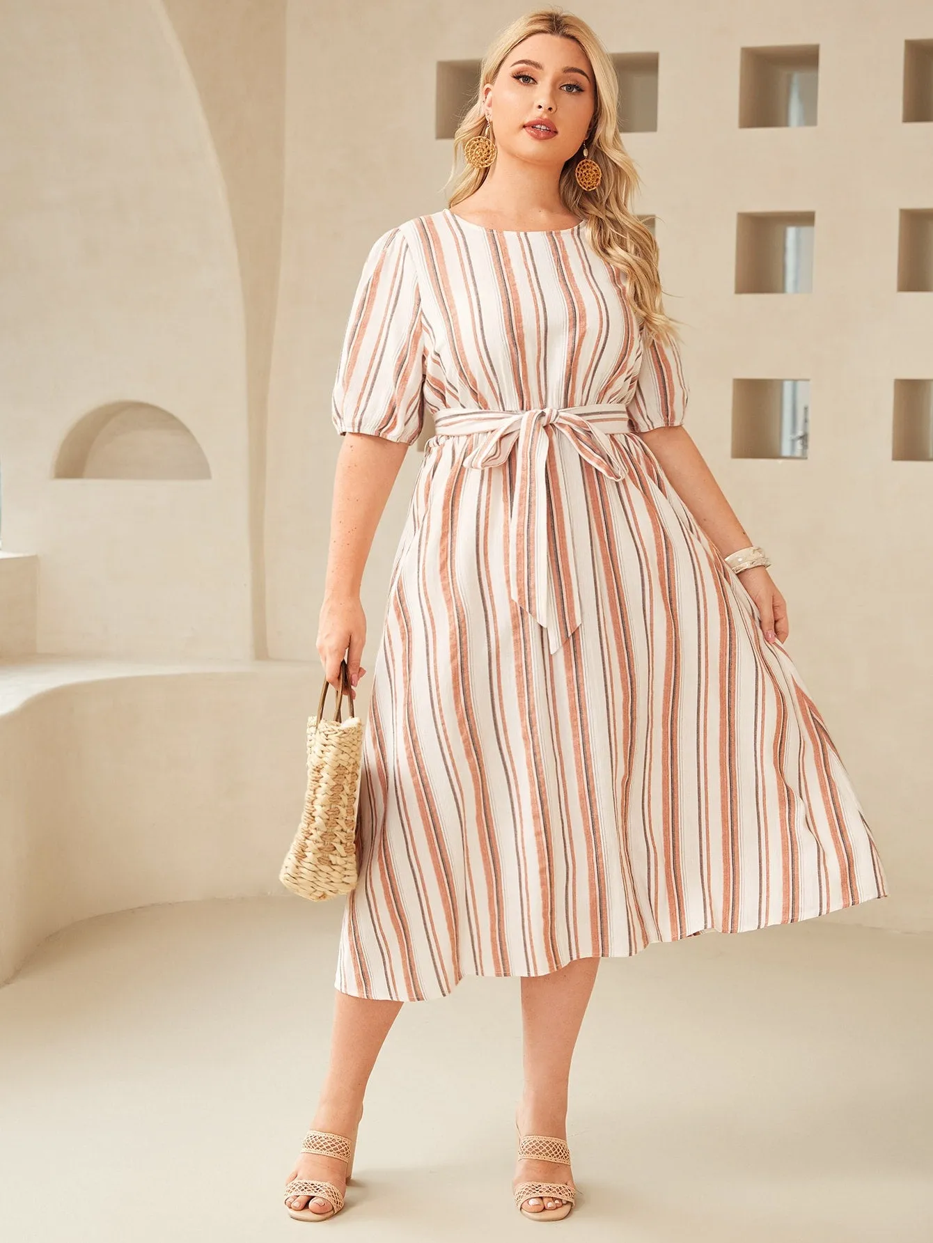 Boho Striped Belted Half Sleeve Round Neck Flared High Waist Long Plus Size Dress