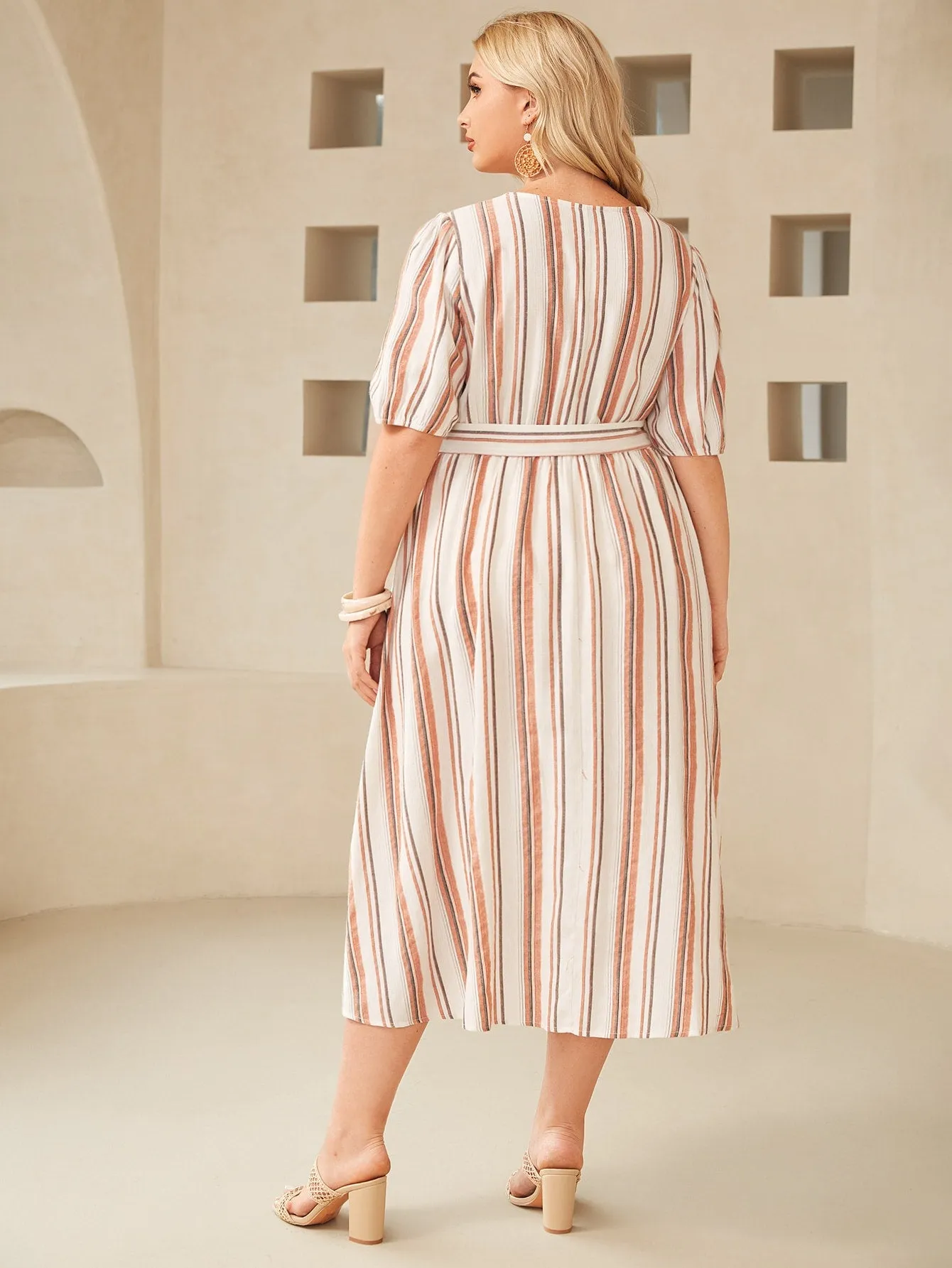 Boho Striped Belted Half Sleeve Round Neck Flared High Waist Long Plus Size Dress