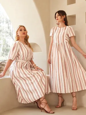 Boho Striped Belted Half Sleeve Round Neck Flared High Waist Long Plus Size Dress