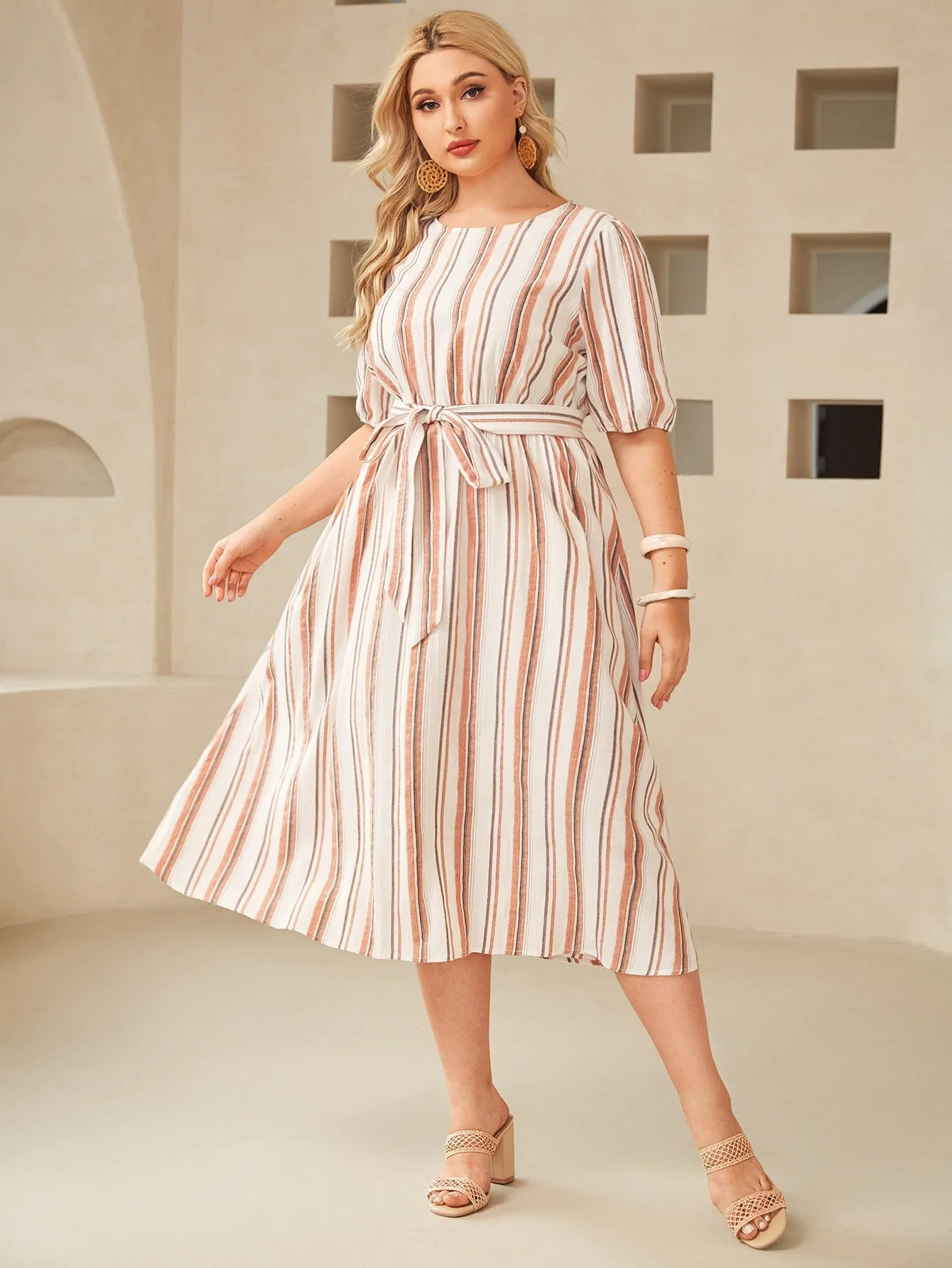 Boho Striped Belted Half Sleeve Round Neck Flared High Waist Long Plus Size Dress
