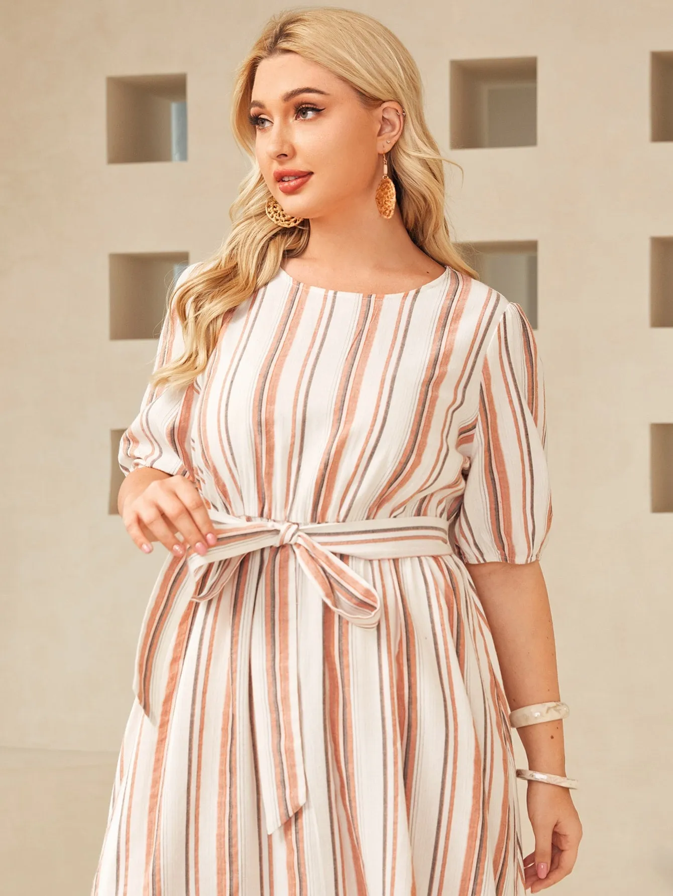 Boho Striped Belted Half Sleeve Round Neck Flared High Waist Long Plus Size Dress