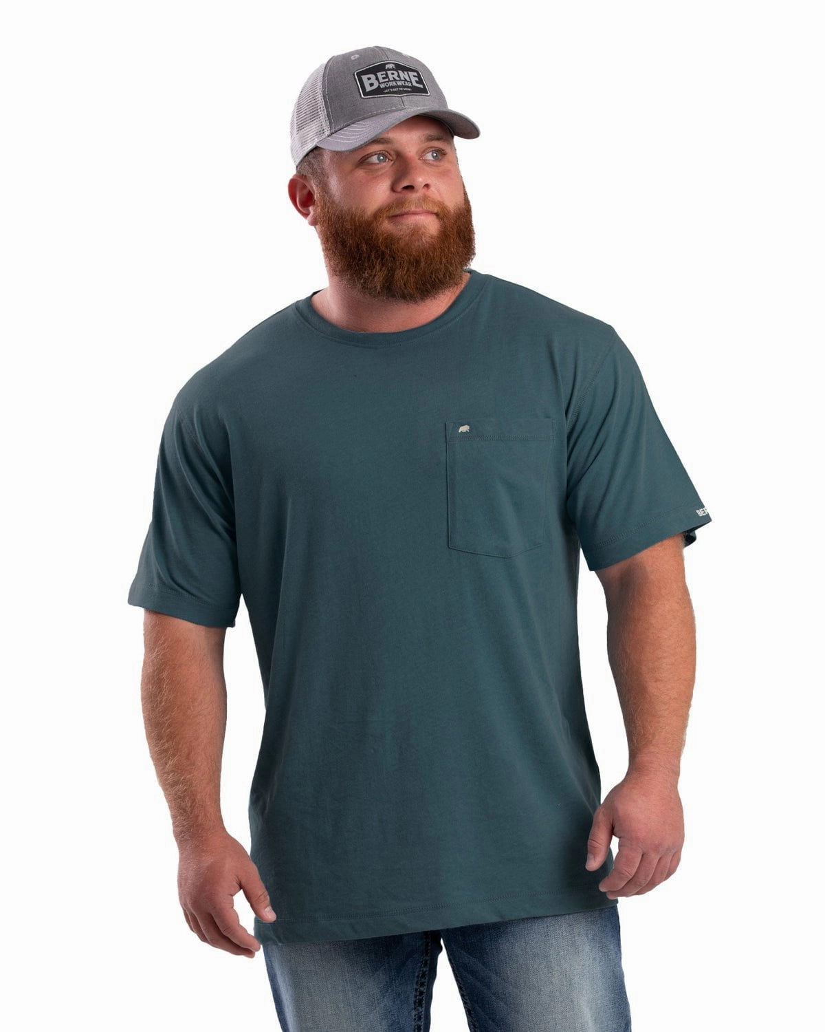 Stone Wash Process Active Design Wear Berne Mens Performance Pocket Tee Tapestry Blue Cotton Blend S/S T-Shirt