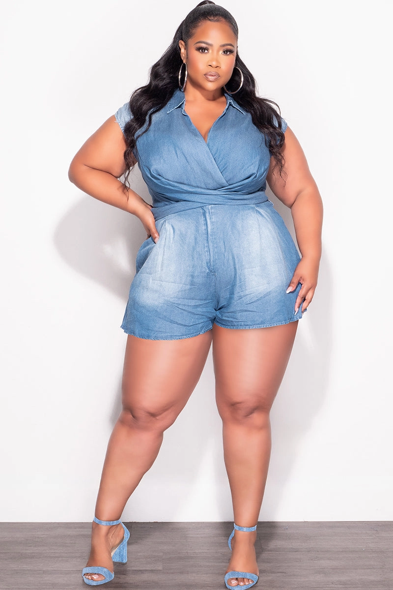 Chic Comfort WrinkleResistantMaterial Final Sale Plus Size Collar Faux Wrap Zip Up Romper in Denim