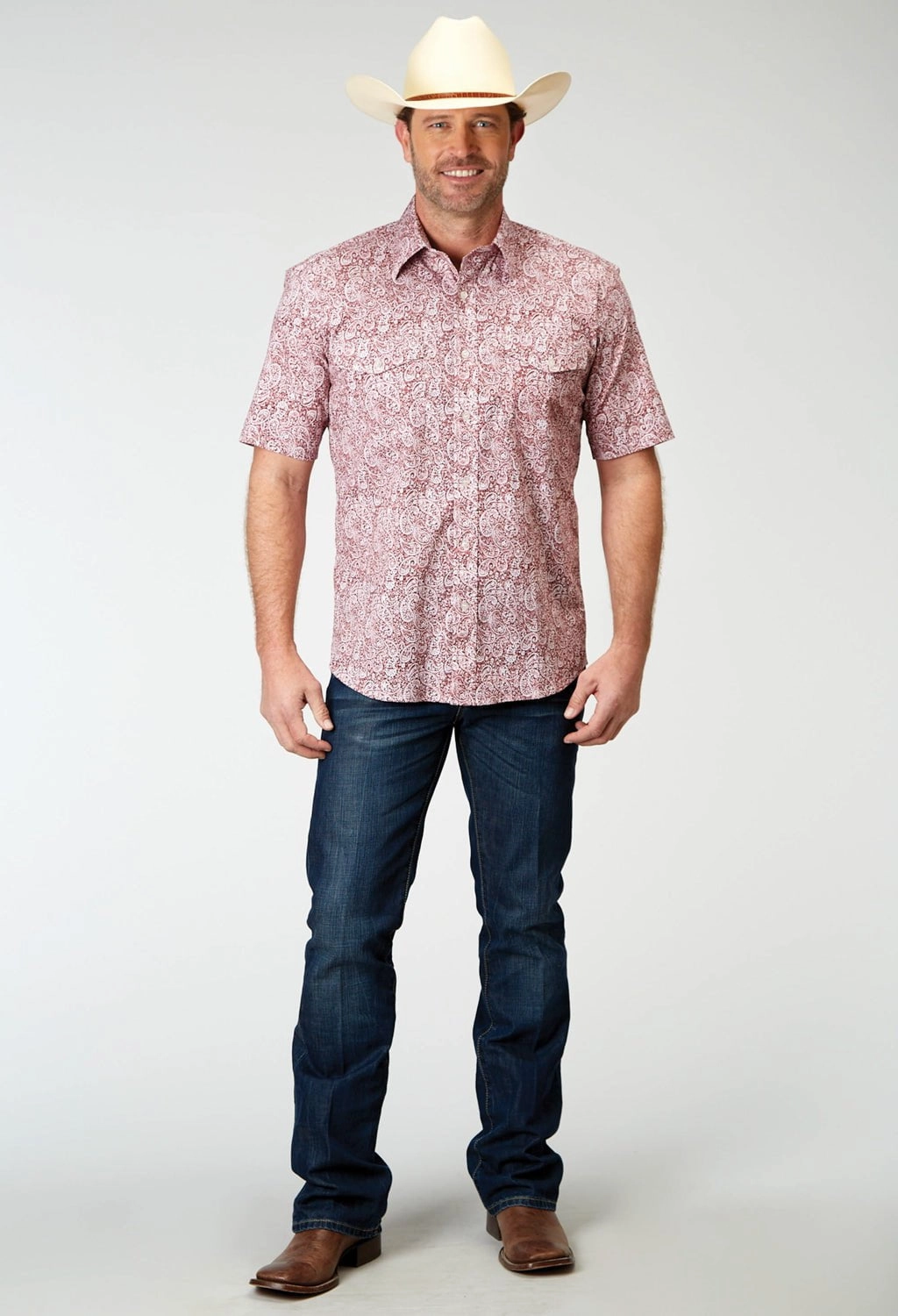 Roper Mens Paisley Poplin Red Cotton Blend S/S Shirt V-neck style Ventilated Back Panel