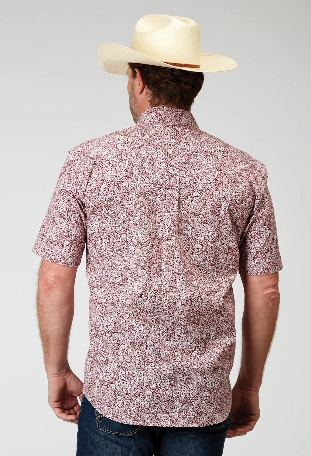 Roper Mens Paisley Poplin Red Cotton Blend S/S Shirt Reinforced Elbow Patches