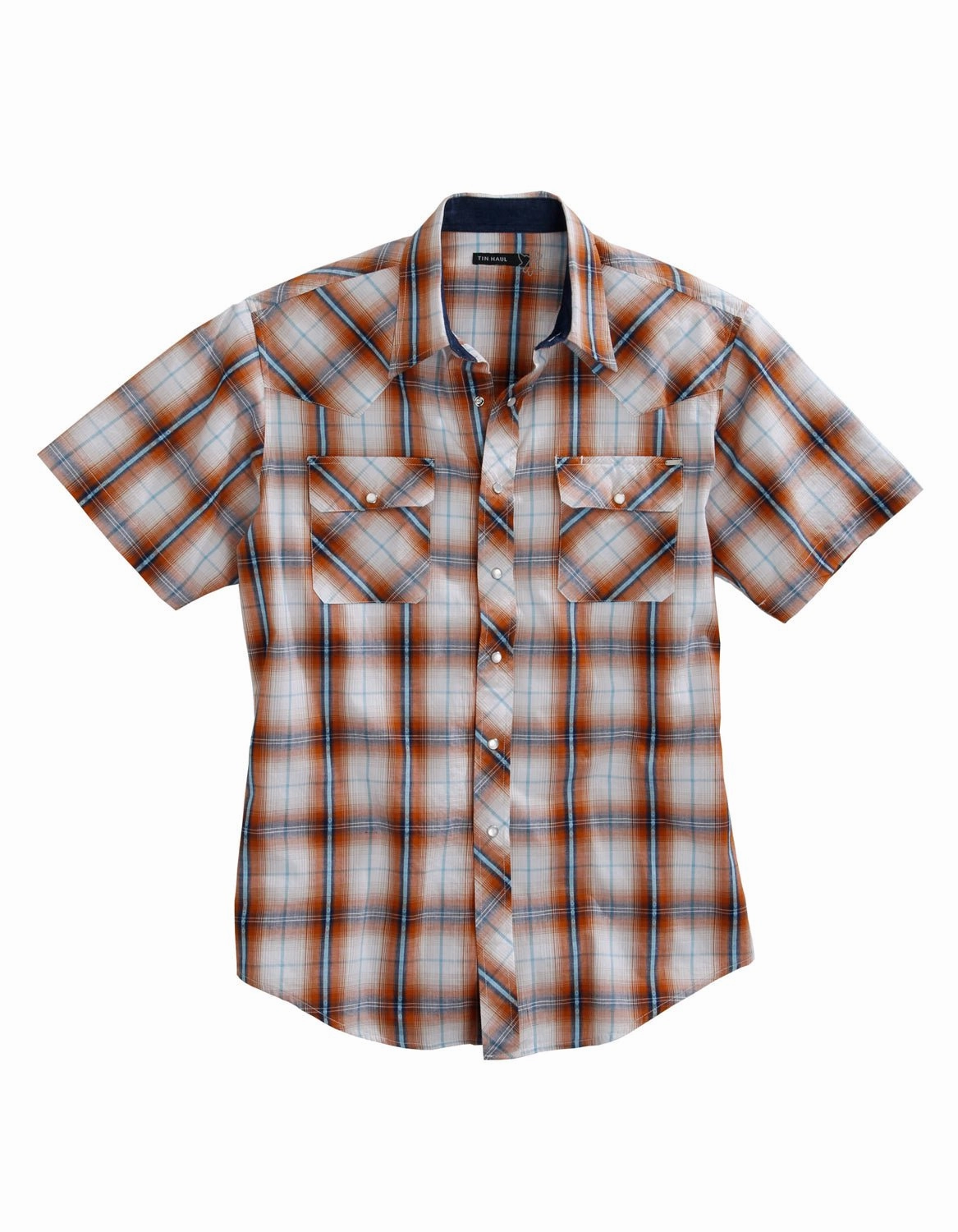 Tin Haul Mens Orange 100% Cotton Diamond Dobby S/S Shirt Multi Functional Pockets Premium Pima Cotton