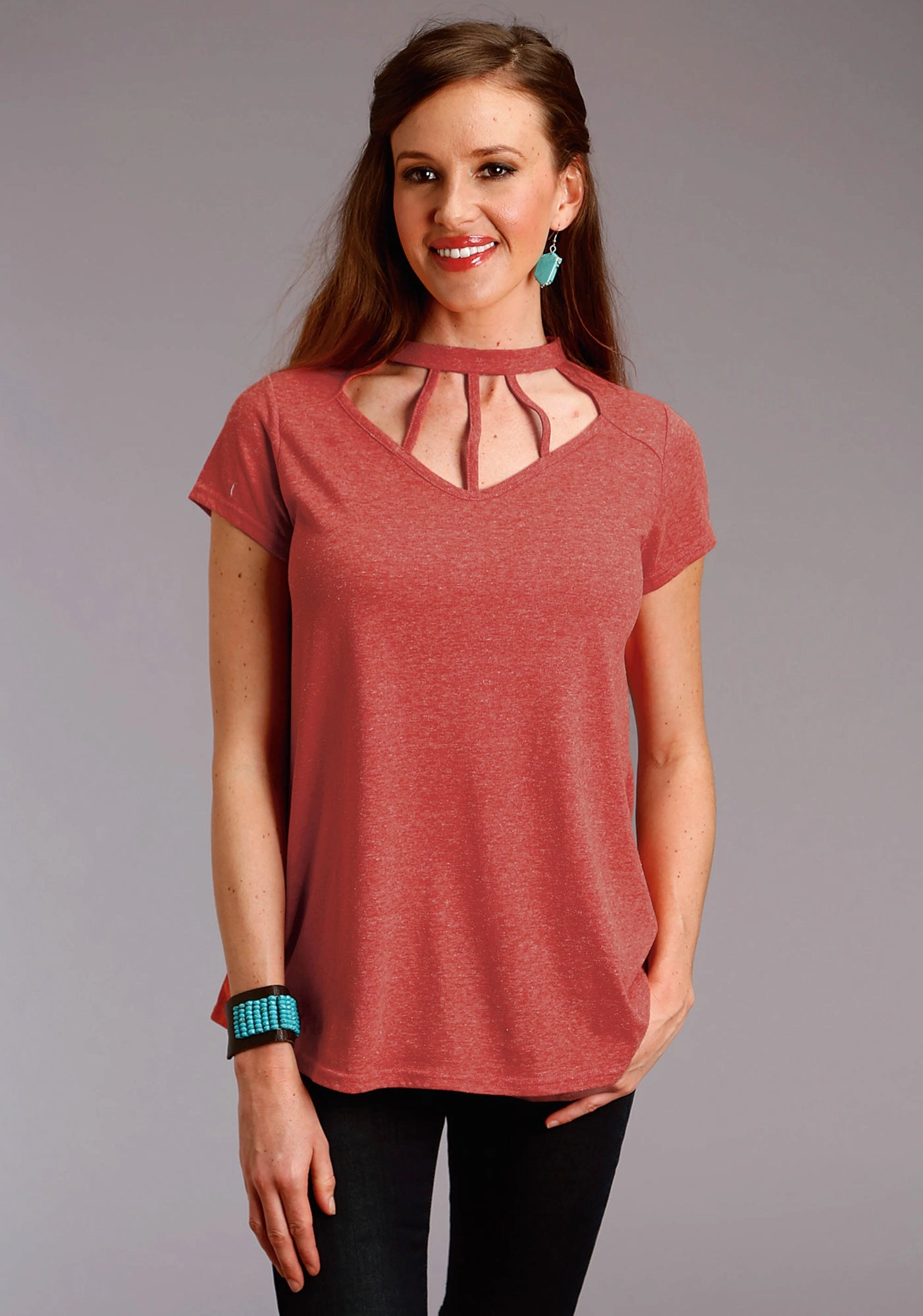 Sleek Style Edgy Fashion Roper Womens Red Poly/Cotton Taos Sunrise S/S T-Shirt