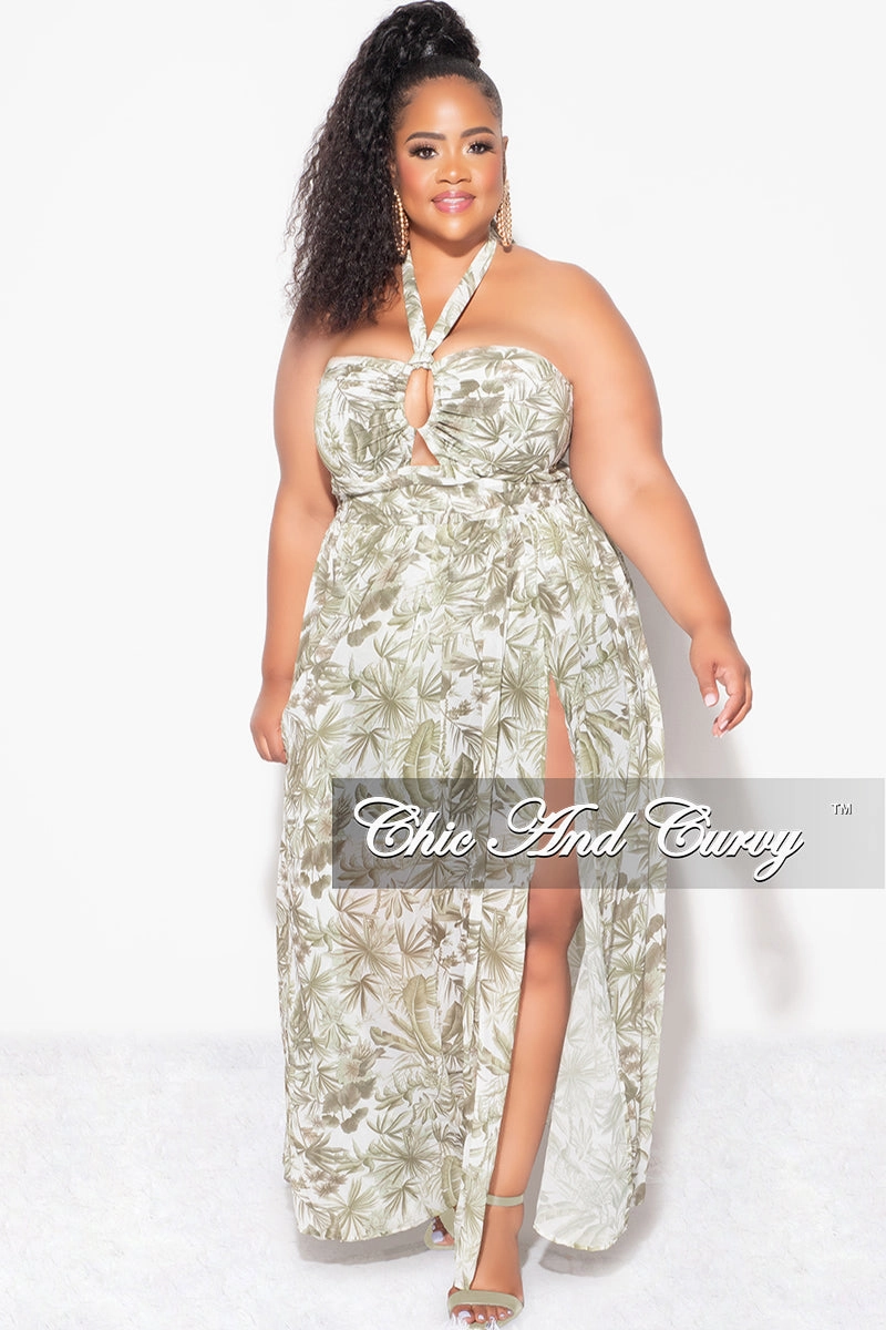 Side Pockets Comfort Base Final Sale Plus Size Halter Chiffon Maxi Dress with Slits in Olive Palm Print