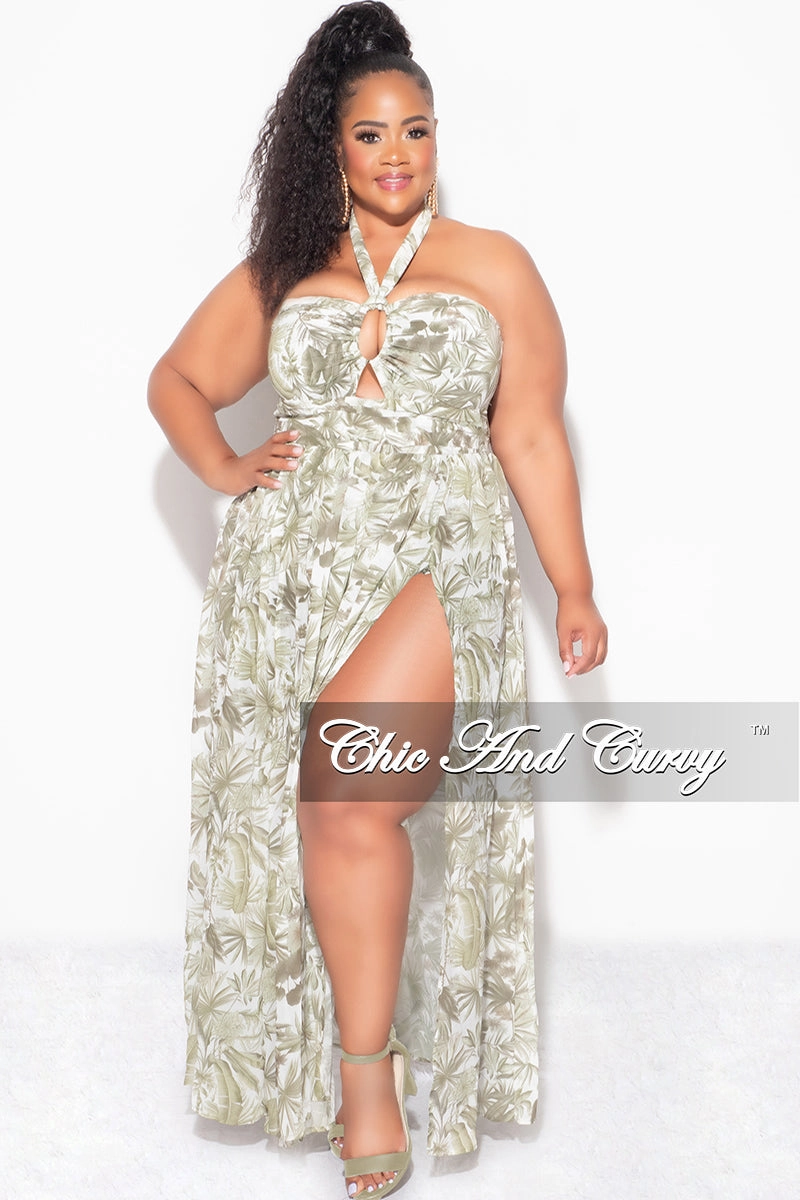 Durable Hemming Soft and Light Final Sale Plus Size Halter Chiffon Maxi Dress with Slits in Olive Palm Print