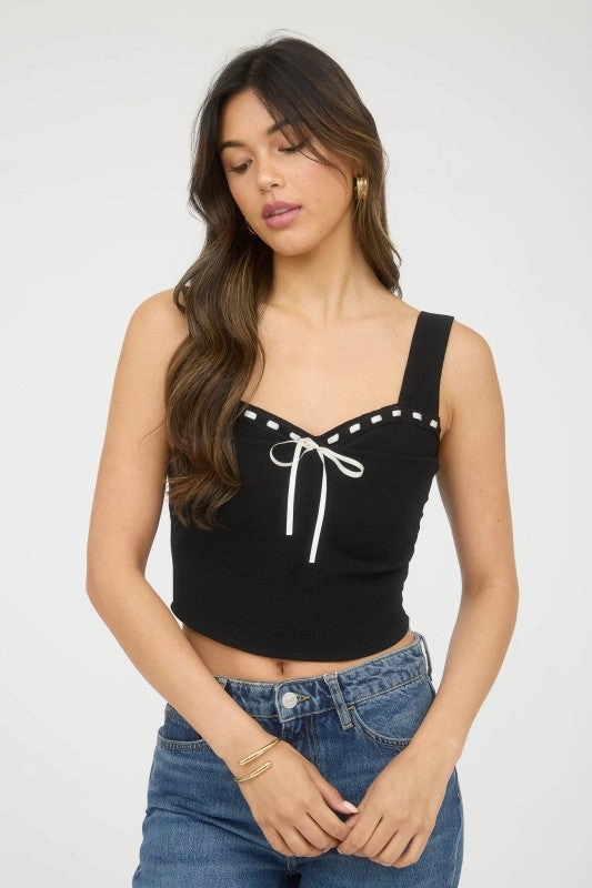 Sweetheart Front Ribbon Bow Tie Sleeveless Top Placket Detailing WrinkleResistant