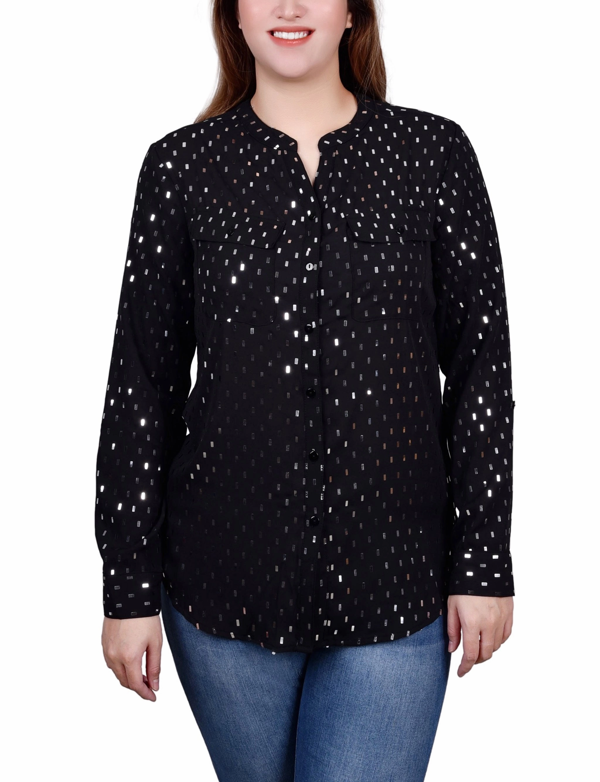 Ribbed Hemline Long Roll Tab Sleeve Foil Dot Blouse