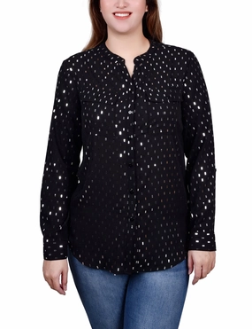 Long Roll Tab Sleeve Foil Dot Blouse PreShrunkFabric