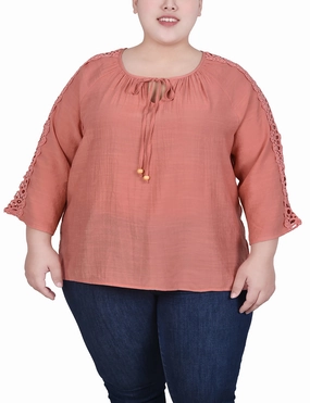 Double Stitched Hems Plus Size 3/4 Sleeve Crochet Detail Blouse