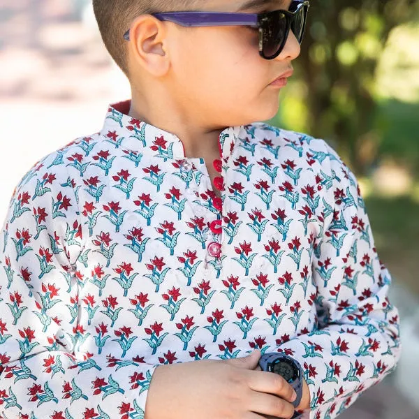 Boy & Girl Cotton Handblock Red & White Floral Printed twinning set Duo
