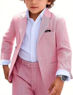 Boy's Seersucker Suits Slim Fit 2 Piece Suit Summer Beach Wedding Suits Casual Striped Jacket Pants
