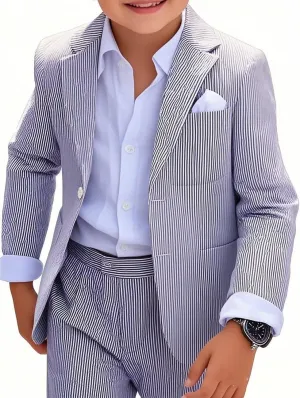 Boy's Seersucker Suits Slim Fit 2 Piece Suit Summer Beach Wedding Suits Casual Striped Jacket Pants