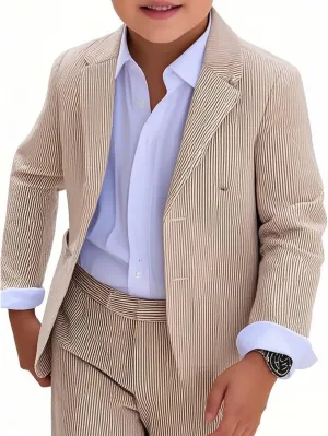 Boy's Seersucker Suits Slim Fit 2 Piece Suit Summer Beach Wedding Suits Casual Striped Jacket Pants