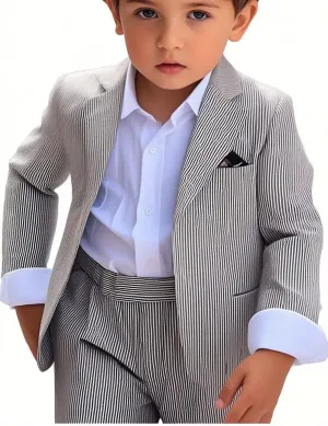 Boy's Seersucker Suits Slim Fit 2 Piece Suit Summer Beach Wedding Suits Casual Striped Jacket Pants