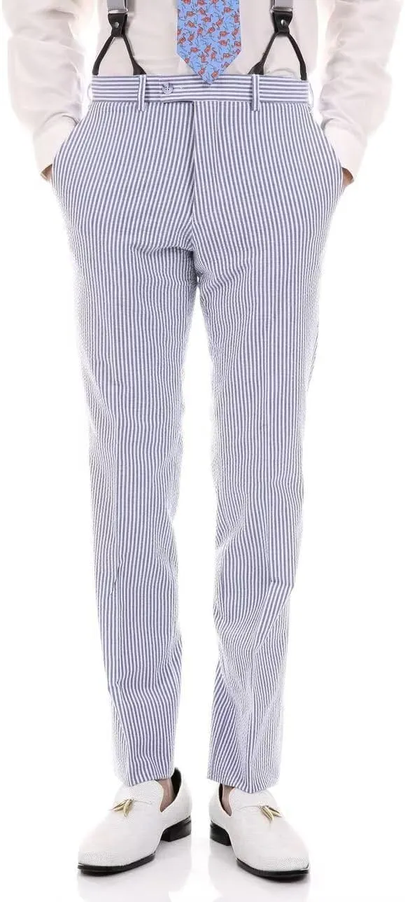 Boy's Seersucker Suits Slim Fit 2 Piece Suit Summer Beach Wedding Suits Casual Striped Jacket Pants