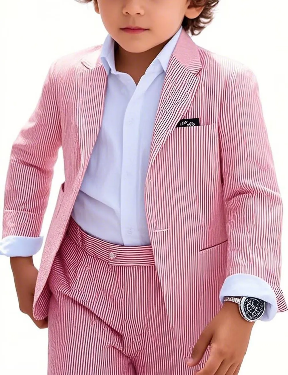 Boy's Seersucker Suits Slim Fit 2 Piece Suit Summer Beach Wedding Suits Casual Striped Jacket Pants