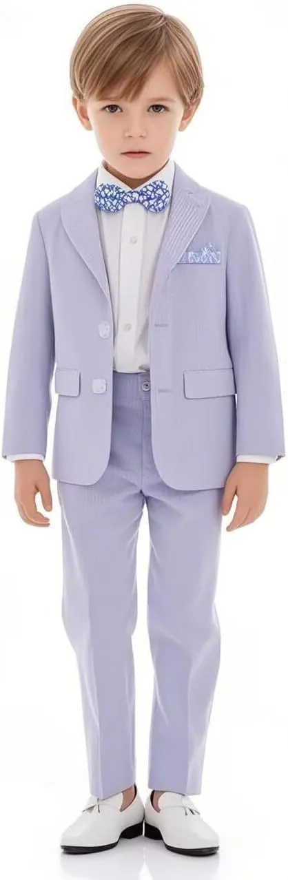 Boy's Seersucker Suits Slim Fit 2 Piece Suit Summer Beach Wedding Suits Casual Striped Jacket Pants