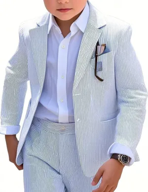 Boy's Seersucker Suits Slim Fit 2 Piece Suit Summer Beach Wedding Suits Casual Striped Jacket Pants