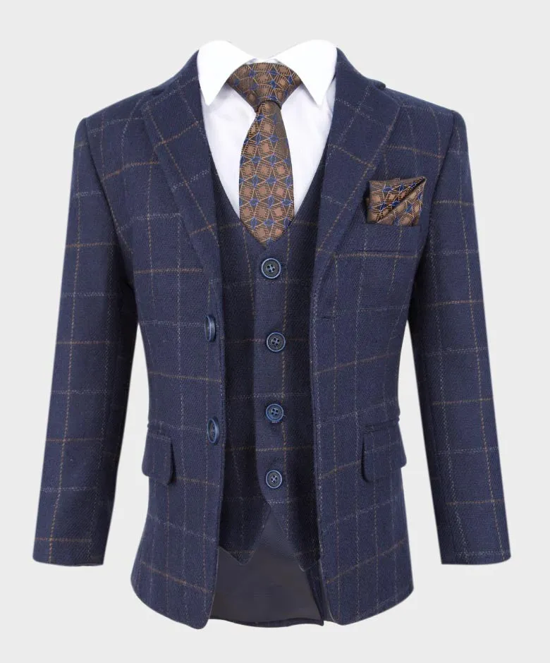 Boys Tailored Fit Tweed Check Navy Suit - SHELBY - Navy Blue