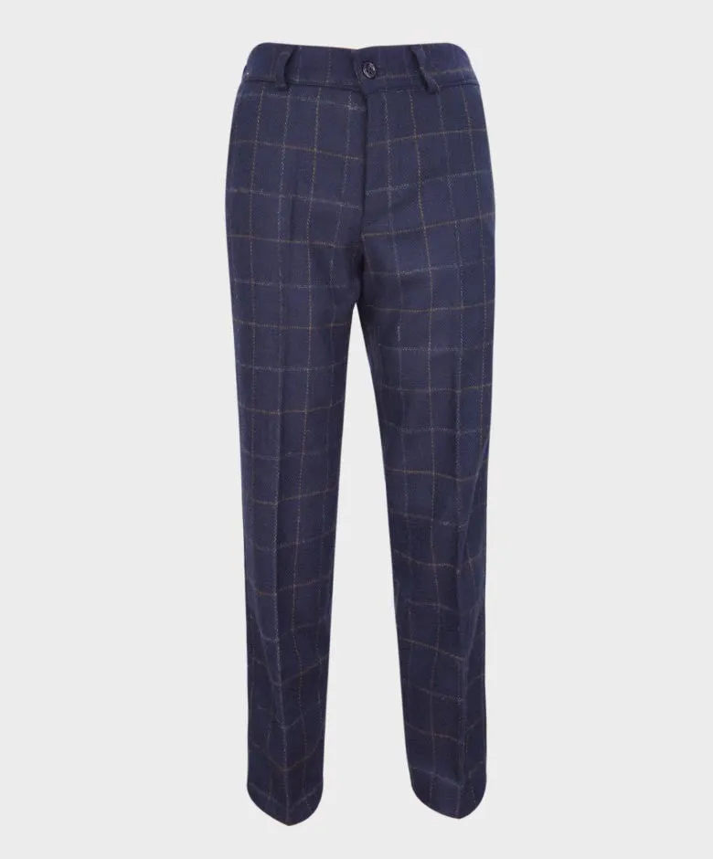 Boys Tailored Fit Tweed Check Navy Suit - SHELBY - Navy Blue