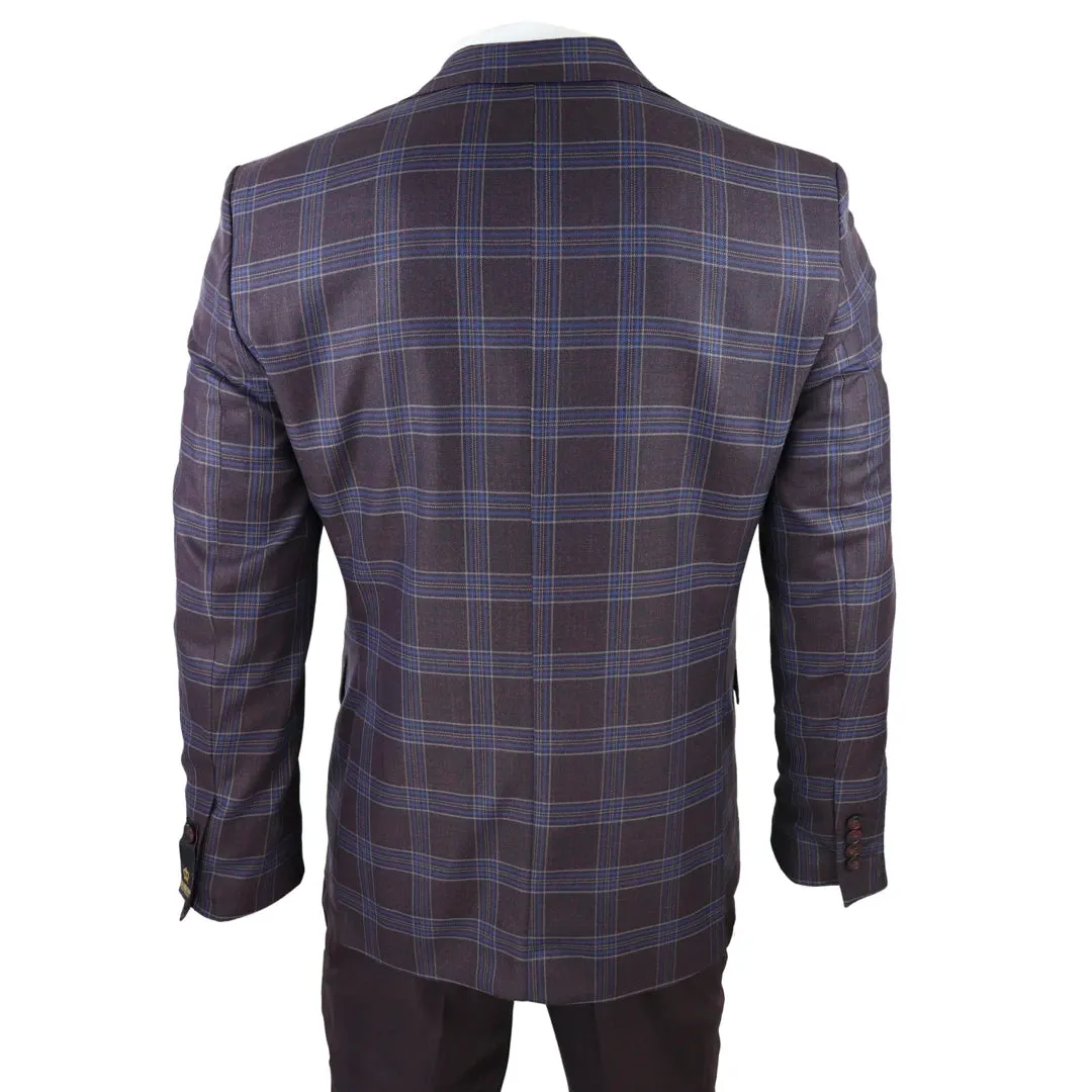 BR23-K21 - Men's 3 Piece Suit Purple Blue Check Contrasting Waistcoat Trouser Wedding