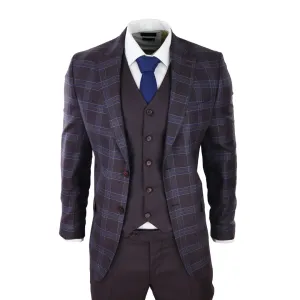 BR23-K21 - Men's 3 Piece Suit Purple Blue Check Contrasting Waistcoat Trouser Wedding