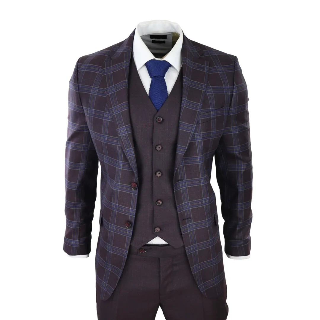 BR23-K21 - Men's 3 Piece Suit Purple Blue Check Contrasting Waistcoat Trouser Wedding