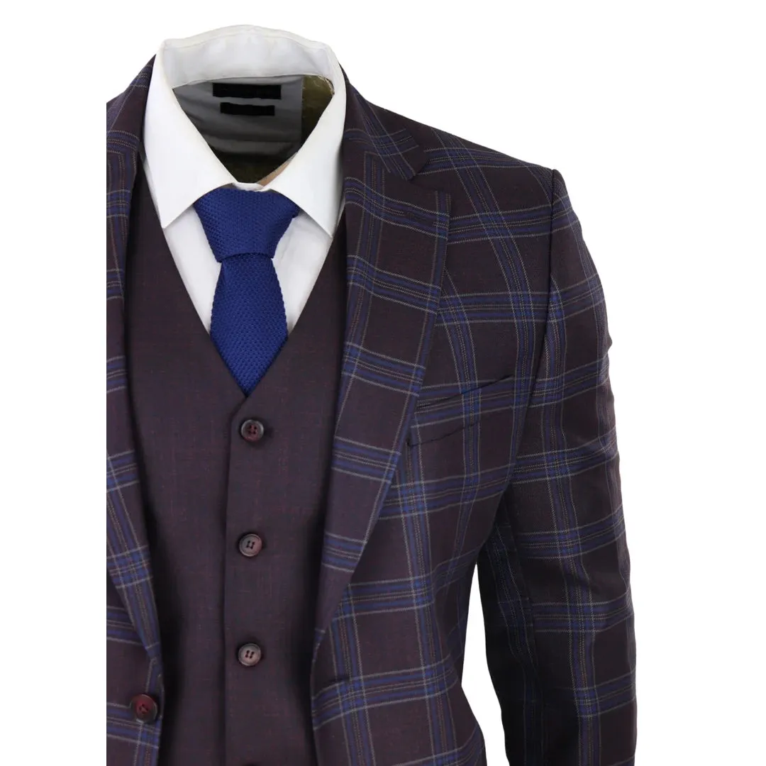 BR23-K21 - Men's 3 Piece Suit Purple Blue Check Contrasting Waistcoat Trouser Wedding