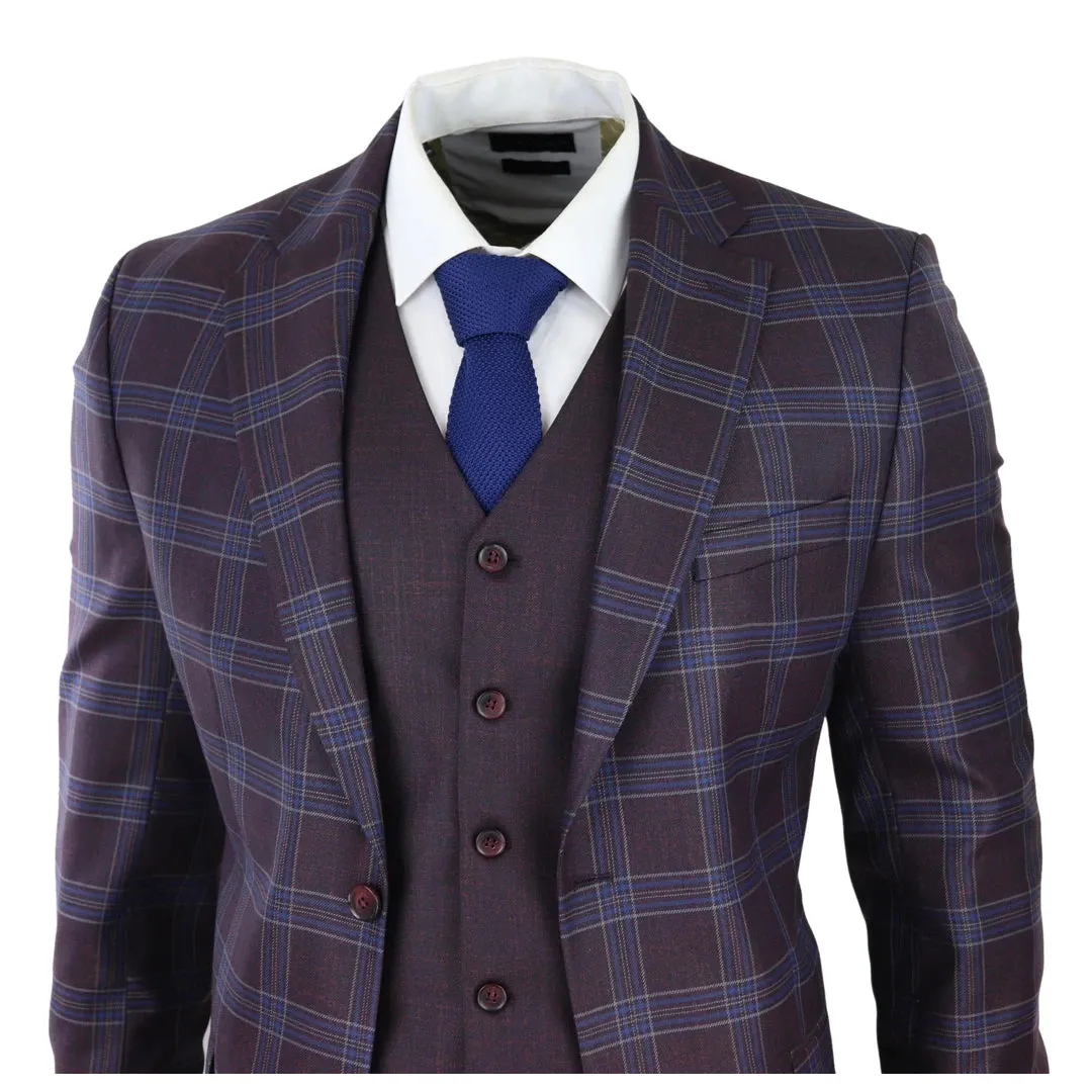 BR23-K21 - Men's 3 Piece Suit Purple Blue Check Contrasting Waistcoat Trouser Wedding
