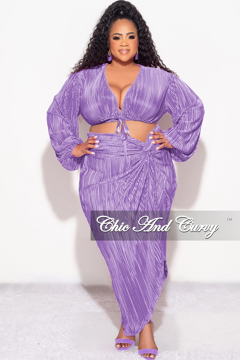 Stretch Material Breathable mesh lining Final Sale Plus Size 2pc Pleated Crop Tie Top & Wrap Skirt Set in Lavender