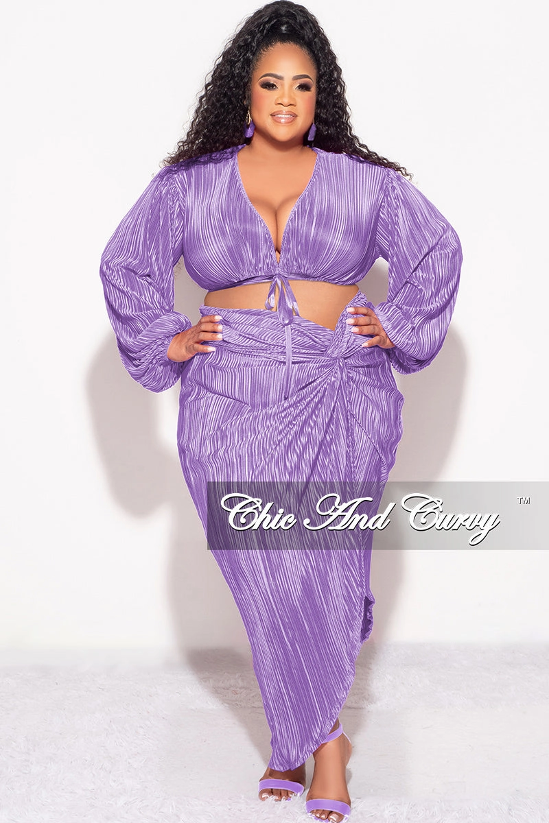 Casual Essentials Non Clip Final Sale Plus Size 2pc Pleated Crop Tie Top & Wrap Skirt Set in Lavender