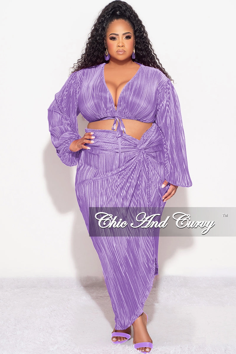 Final Sale Plus Size 2pc Pleated Crop Tie Top & Wrap Skirt Set in Lavender Customizable length Supportive Waistband