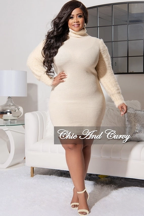 Final Sale Plus Size Turtle Neck Sweater Dress with Faux Fur Sleeves in Ivory Low Rise Fit