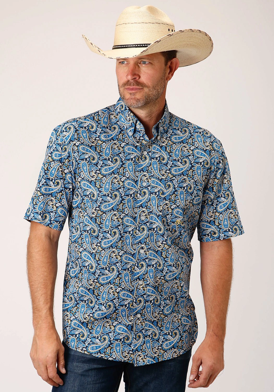 Youth fashion Roper Mens Blue 100% Cotton Amarillo Paisley BD S/S 1 Pkt Shirt