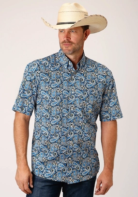 Youth fashion Roper Mens Blue 100% Cotton Amarillo Paisley BD S/S 1 Pkt Shirt