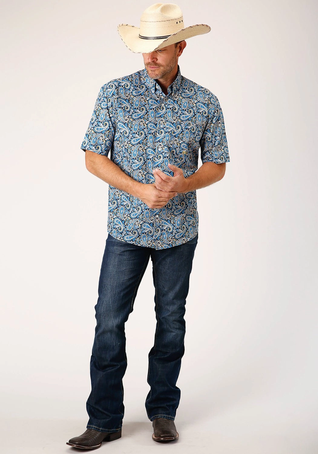 Polished Finish Casual Design Roper Mens Blue 100% Cotton Amarillo Paisley BD S/S 1 Pkt Shirt