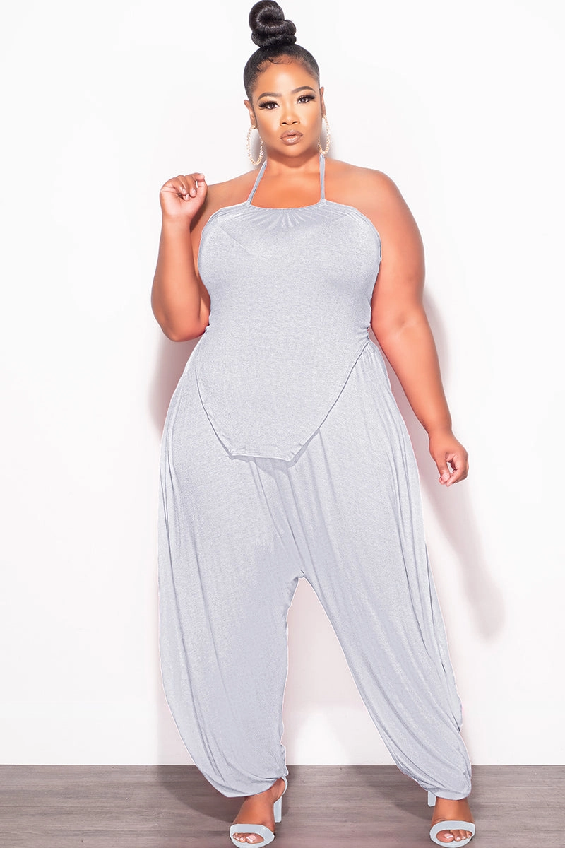 Travel Ready Fit Final Sale Plus Size 2pc Halter Top and Harem Pants in Heather Grey