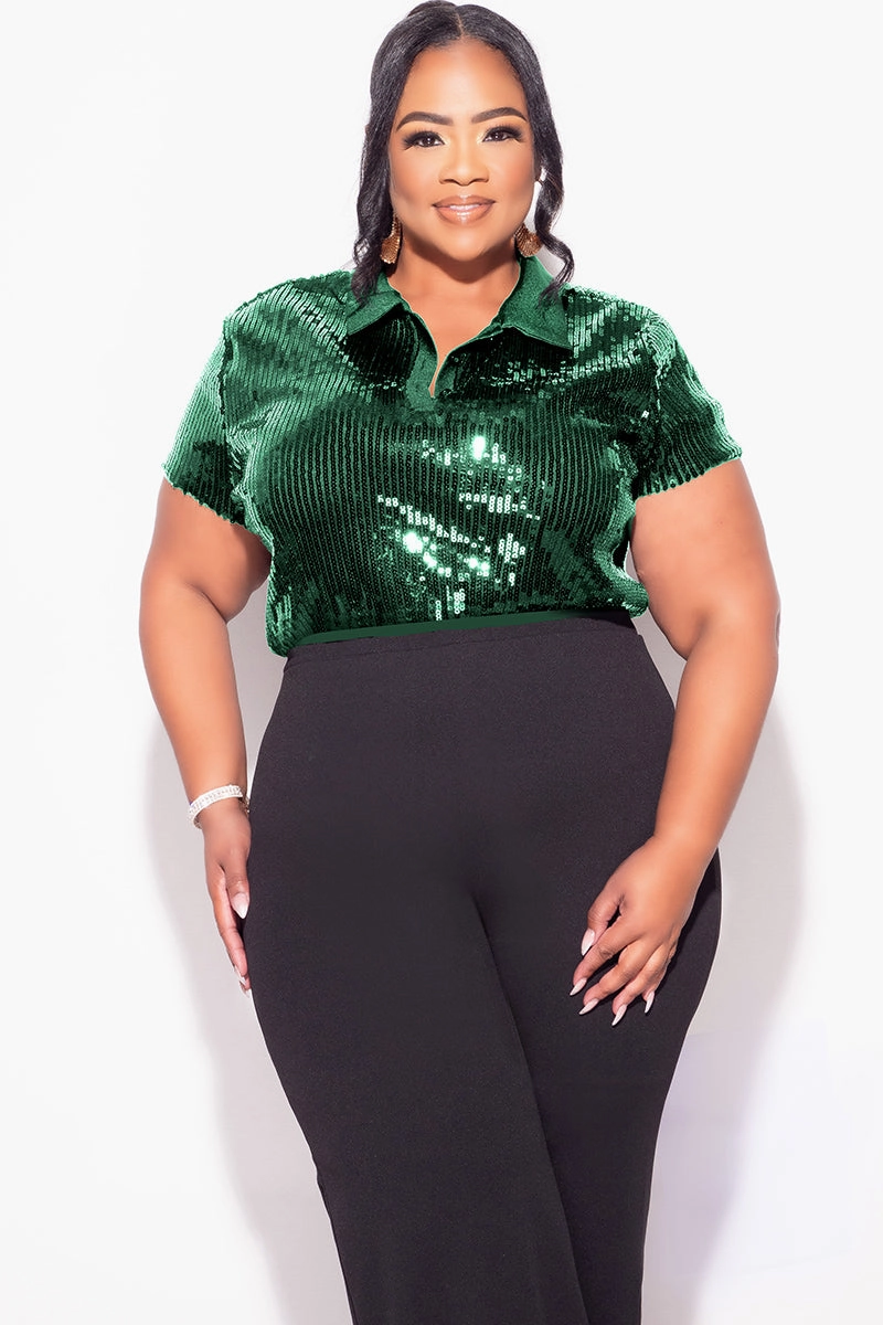 Final Sale Plus Size Collar Sequin Top in Green Core Comfort