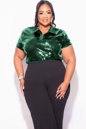 Final Sale Plus Size Collar Sequin Top in Green Core Comfort
