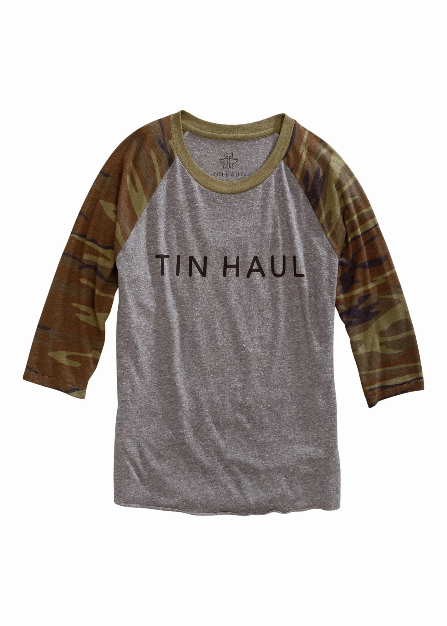 Tin Haul Mens Heather Grey/Camo Cotton Blend Script S/S T-Shirt Flexible Shoulder Panels